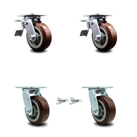 Service Caster 5 Inch Polyurethane Caster Set with Roller Bearings 2 Brakes 2 Swivel Locks SCC SCC-TTL30S520-PPUR-2-BSL-2